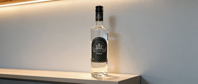 Een fles The House Pour Vodka staat op een houten plank met zachte achtergrondverlichting.
