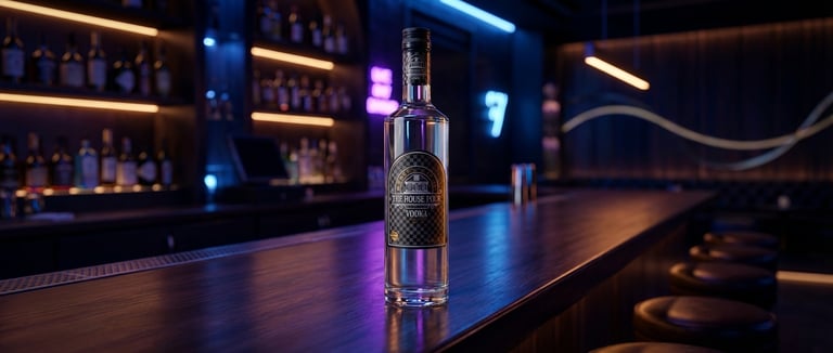 Een premium fles The House Pour Vodka op een stijlvolle houten bar in een schemerig verlichte lounge
