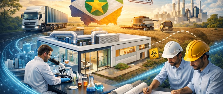 Laboratório moderno com cientista analisando amostras e profissionais planejando projeto técnico.