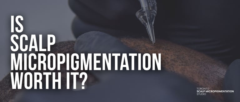 Close-up of a scalp micropigmentation needle being used to treat hair loss at a Toronto studio.