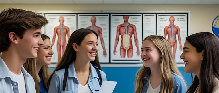 A group of high school health science students playing a back to school icebreaker game