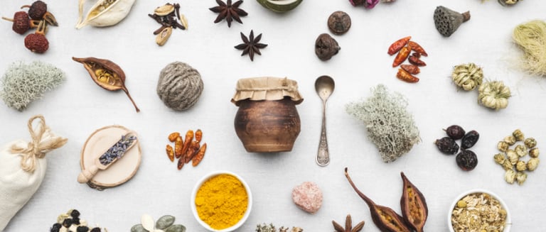 Des plantes et des épices posées à plat sur une table