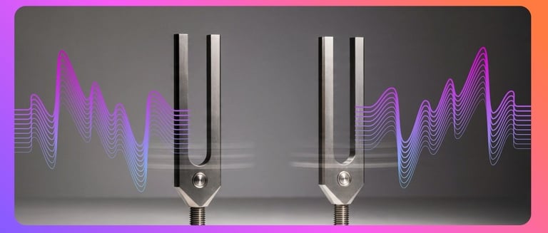 Two metal tuning forks vibrating with colorful purple and blue sound wave illustrations.