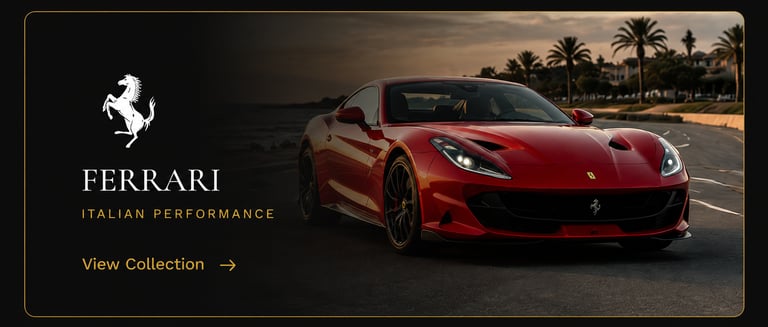 Red Ferrari sports car on a coastal road at sunset with Italian Performance branding.