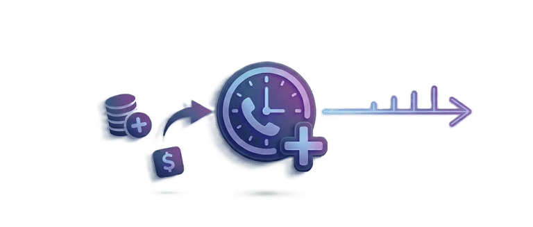 Horloge et symboles monétaires illustrant l'ajout de minutes d'appel supplémentaires au forfait