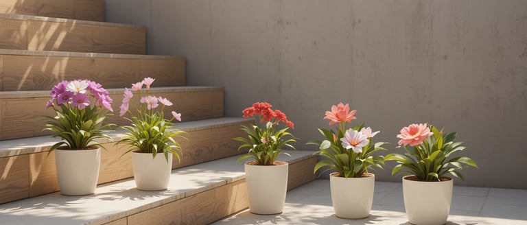 5 vasos pequenos (14-20cm) em uma varanda minimalista de apartamento paulista, dispostos em escada d
