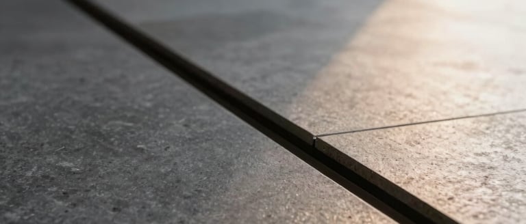 Extreme close-up architectural photography of a concealed linear drain flush with monolithic charcoal stone tile, warm side lighting highlighting the precise mitered edge