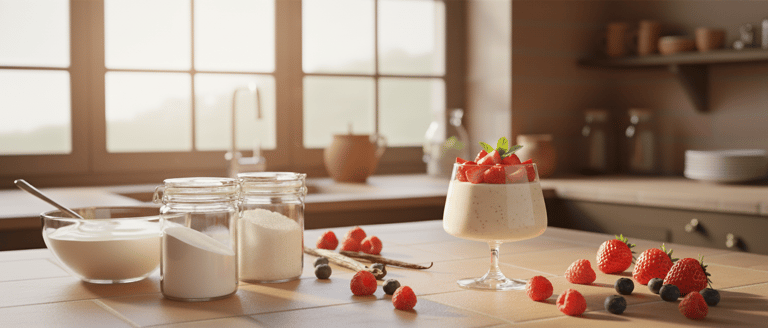 Panna Cotta im Glas mit Erdbeersoße und Minzblättern – moderne Servieridee mit natürlichem Licht.