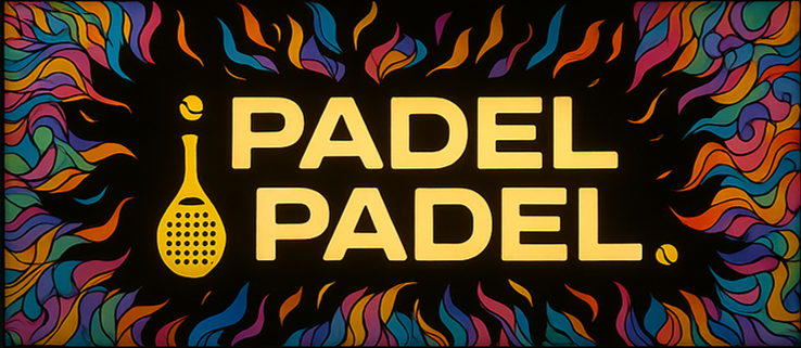 ¡Padel Padel! logo with a colourful, vibrant background commonly seen at carnivals