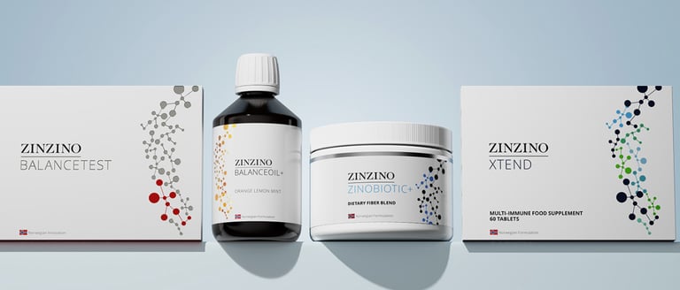 Zinzino health supplements including BalanceOil, Zinobiotic fiber, and Xtend multi-immune food supplements.