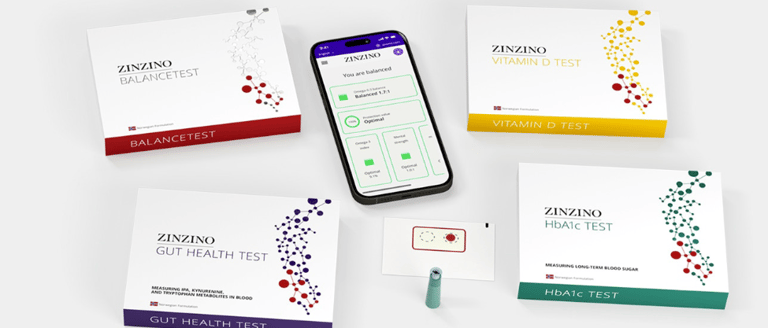Zinzino blood test kits for HbA1c, gut health, Vitamin D, and BalanceTest shown with a mobile health app.