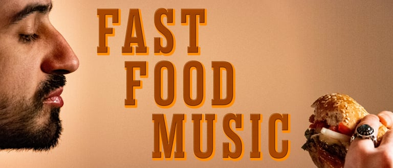 A bearded man gazing at a half-eaten cheeseburger, with a title art reading ‘Fast Food Music’