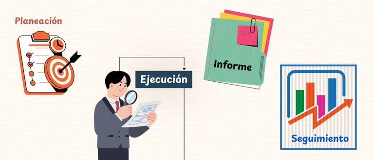 Grafica con etapas de auditoria: planeación, ejecución, informe y seguimiento