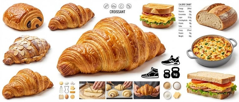 Croissant calories guide showing plain, chocolate, almond, and gluten-free croissants, baking steps,