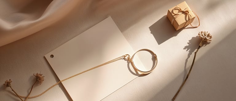 Elegant gold circular necklace on a cream stationery card with a small gift box and dried flowers.