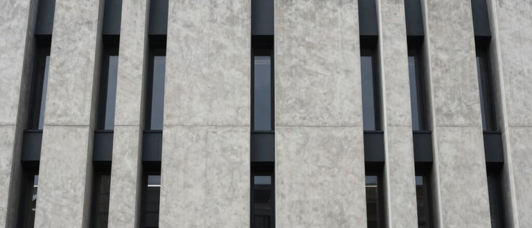 Symmetrical straight-on shot of a modern concrete and matte steel building facade against a flat, bright daylight sky, emphasizing clean lines and architectural scale.