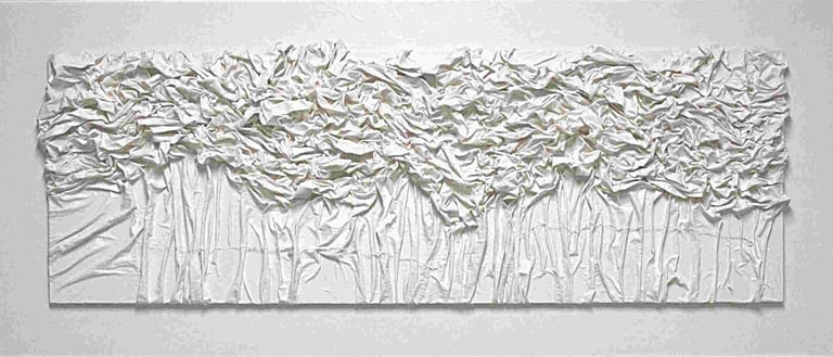 Textured white mixed media canvas art featuring crumpled fabric depicting a monochromatic forest scene.