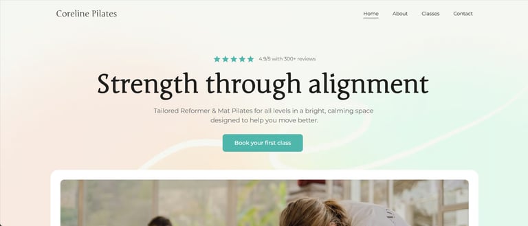 Coreline Pilates website hero section featuring reformer and mat pilates class booking.
