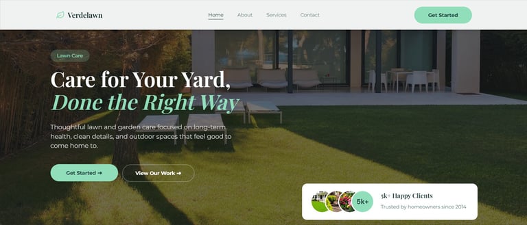 Professional lawn care website hero section featuring a lush green yard and modern home exterior.