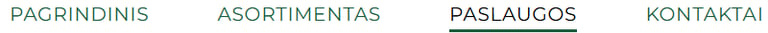 Lithuanian website navigation menu with links for Pagrindinis, Asortimentas, Paslaugos, and Kontaktai.