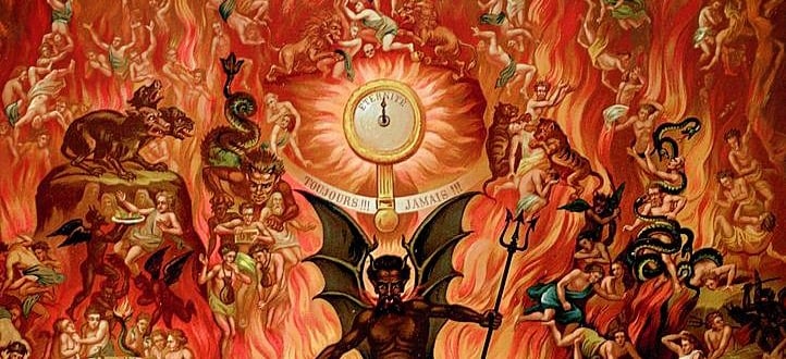 A painting depicting hell as per Christian faith with demons, fire, and souls under a horned devil.