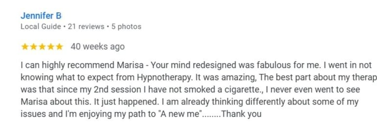 A testimonial from Jennifer B, a satisfied client, praising Marisa's hypnotherapy for helping her quit smoking and address