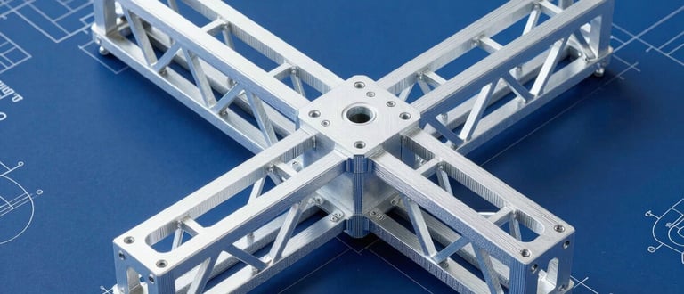 Orthographic engineering drawing of a complex steel truss connection, clean white lines on dark blue background, technical blueprint style.