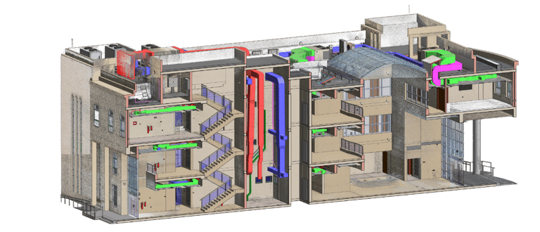 3D BIM model cross-section of a building showing complex HVAC ductwork and MEP systems.