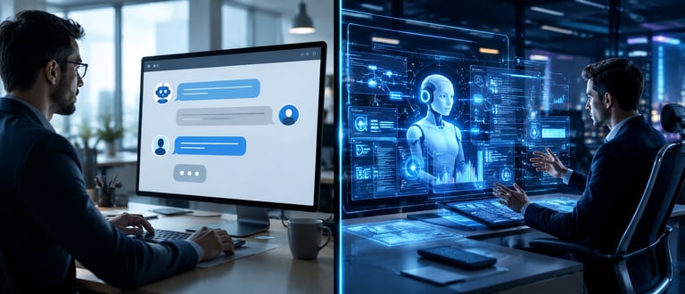 Professional man using an AI chatbot interface and futuristic holographic neural network for data analysis.