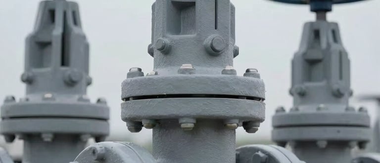 Close-up of a heavy industrial water valve assembly, clean architectural photography, cool overcast daylight, desaturated gray tones, sharp technical focus