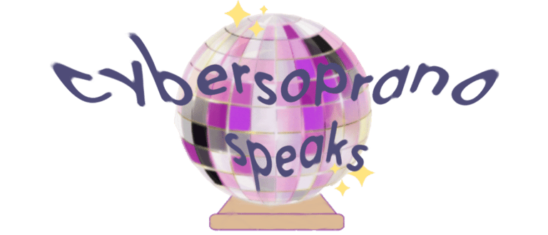 cyber soprano logo featuring a discoball super imposed over a crystal ball, and wiggly text title.