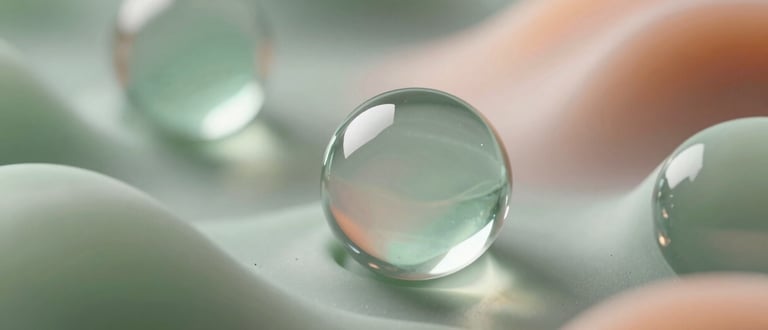 Abstract 3D render of soft light waves refracting through translucent crystalline spheres, organic sage green and warm peach caustics, macro focus, deep depth of field, studio lighting.