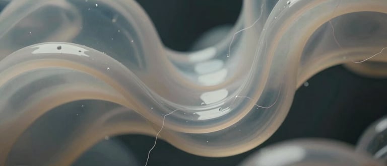 Abstract 3D fluid dynamics showing gentle electrical micro-currents flowing through soft glass-like organic structures, subtle subsurface scattering, dark background, cinematic lighting.