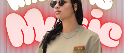 a woman in a tan Reggae cassette t - shirt and leopard print pants