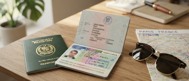 Pakistani passport and France visa application documents for travel to France in 2026