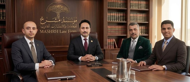 المحامي عبدالكريم مشرح مع الفريق القانوني بمؤسسة مشرح للمحاماة في صنعاء، اليمن - كبار المحامين والمس