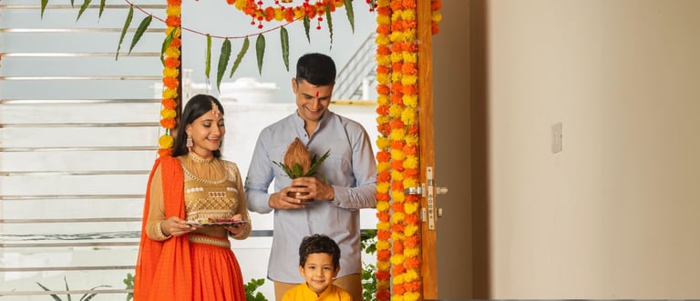a family of three standing in front of a door