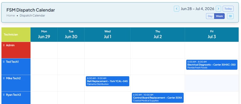 Scheduling window with drop and drag appts in keplacloud fsm software