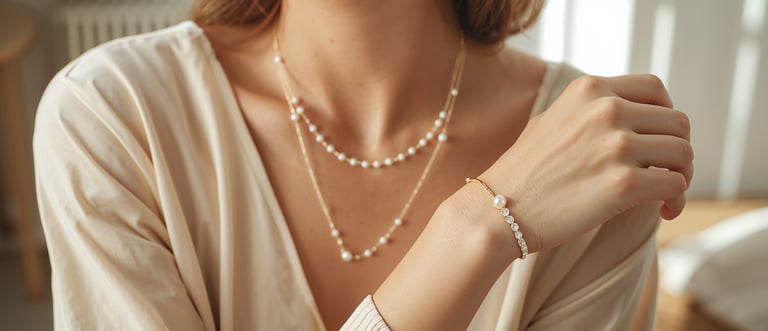 Elegant woman wearing a layered gold pearl necklace and a matching diamond pearl bracelet.