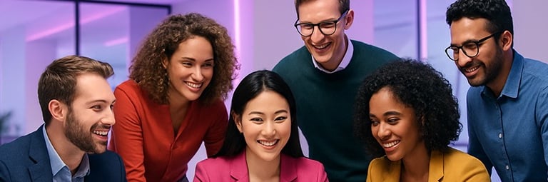 Diverse team of professionals collaborating around a screen, symbolizing teamwork and data-driven in