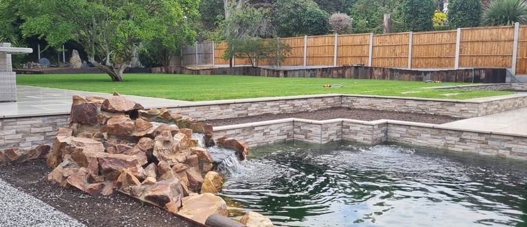 800m2 Full Garden Remodel Pond, Waterfall Split-face Tiled Wall Step