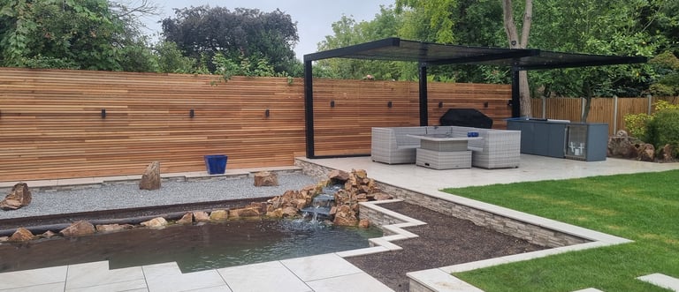 800m2 Full Garden Remodel Garden Kitchen, Patio, Pergola, Pond, Waterfall Split-face Tiled Wall Step