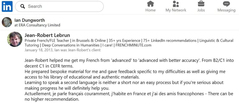 LinkedIn recommendation for Jean-Robert Lebrun professional private French tutor | Brussels & Online