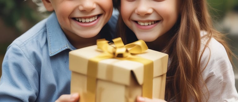two children smiling holding a present