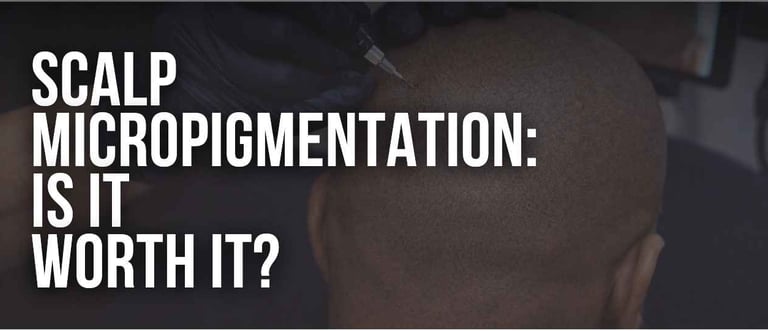 A close-up of a scalp micropigmentation procedure being performed on a man's head for hair loss treatment.