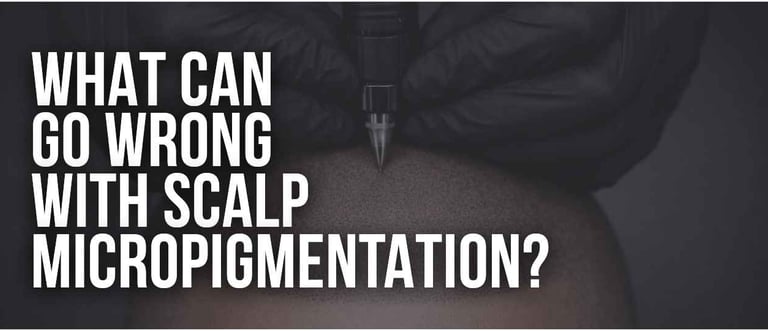 A close-up of a scalp micropigmentation procedure with text asking what can go wrong with SMP.