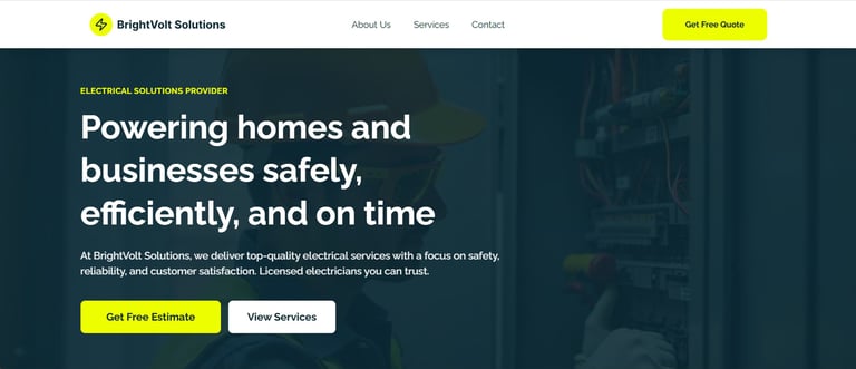 Licensed electrician wearing a hard hat working on a commercial electrical panel for BrightVolt Solutions.