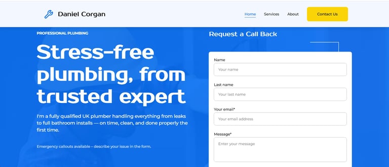 Professional plumber website banner with service contact form for UK plumbing and bathroom installations.