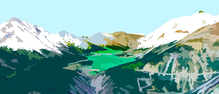 a mountain scene with a river and a mountain in the background