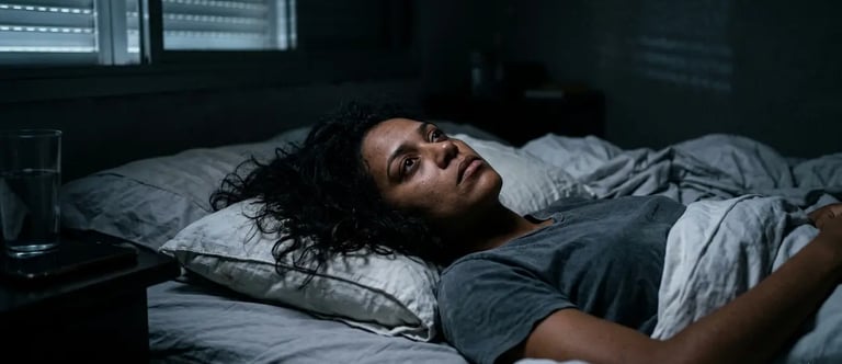 A woman lying awake in bed at night struggling with insomnia and sleep deprivation.